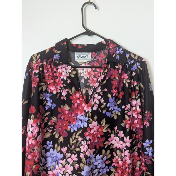 Teddi Of California Vintage Tunic Blouse Black Floral V-neck Size 38* Collared - Picture 4 of 11